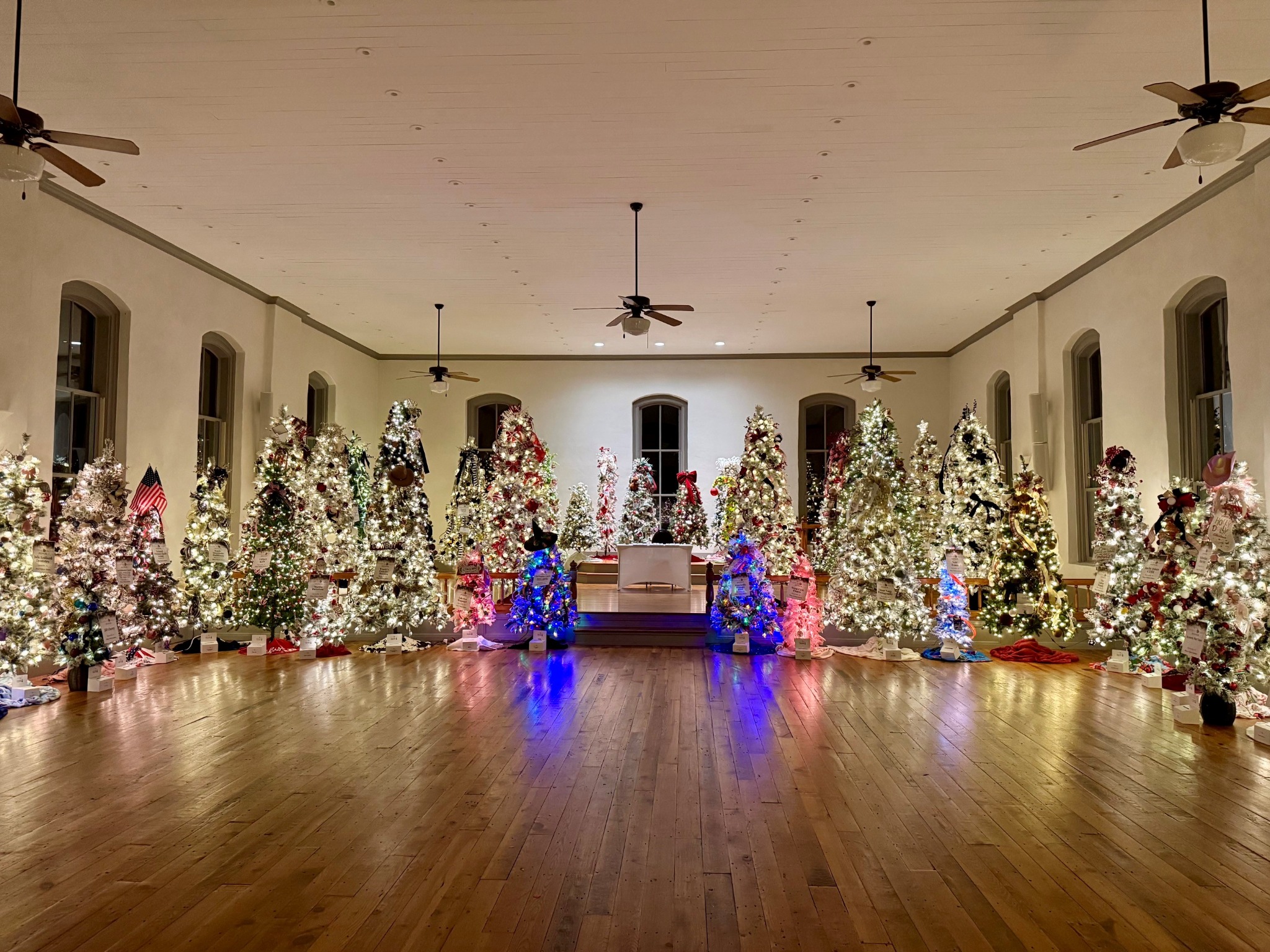 The Beal Center glowing with a breathtaking forest of decorated trees at the WNC Festival of Trees in Hayesville, North Carolina