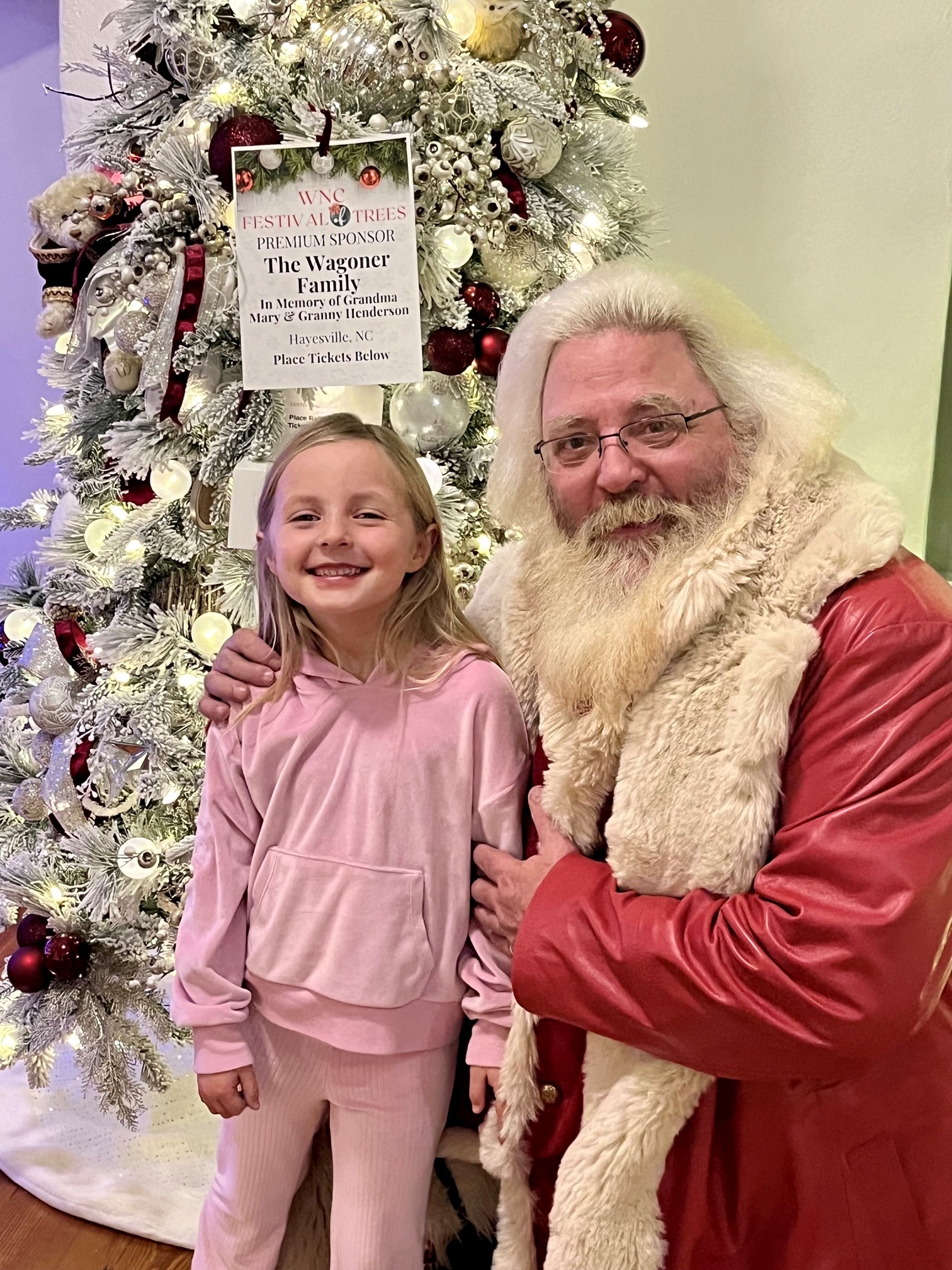 Lakelyn sharing a joyful Christmas moment with Santa beside a meaningful family tree at the WNC Festival of Trees in Hayesville, North Carolina