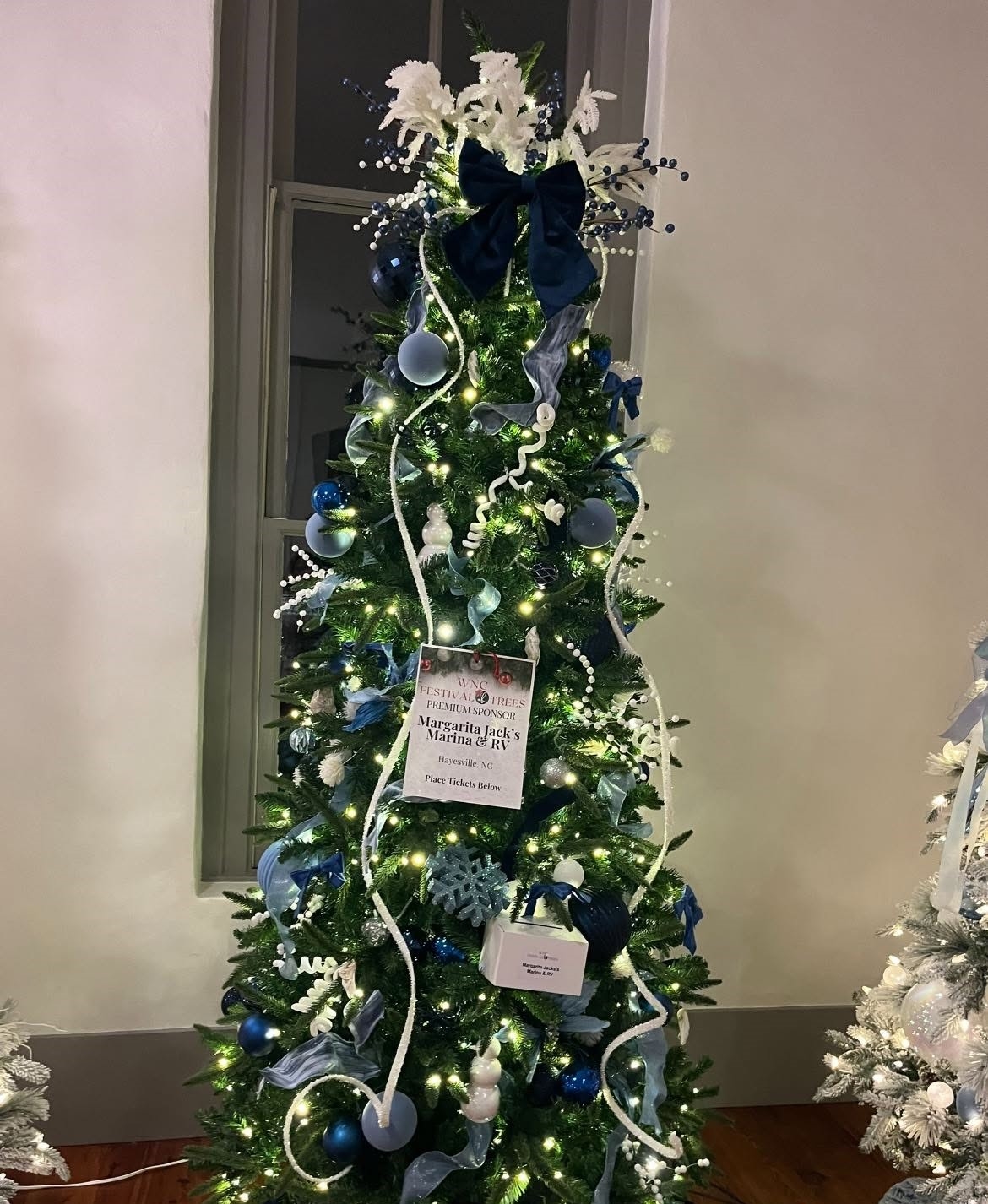 A blue, silver, and white premium tree with crisp coastal-inspired style at the WNC Festival of Trees in Hayesville, North Carolina